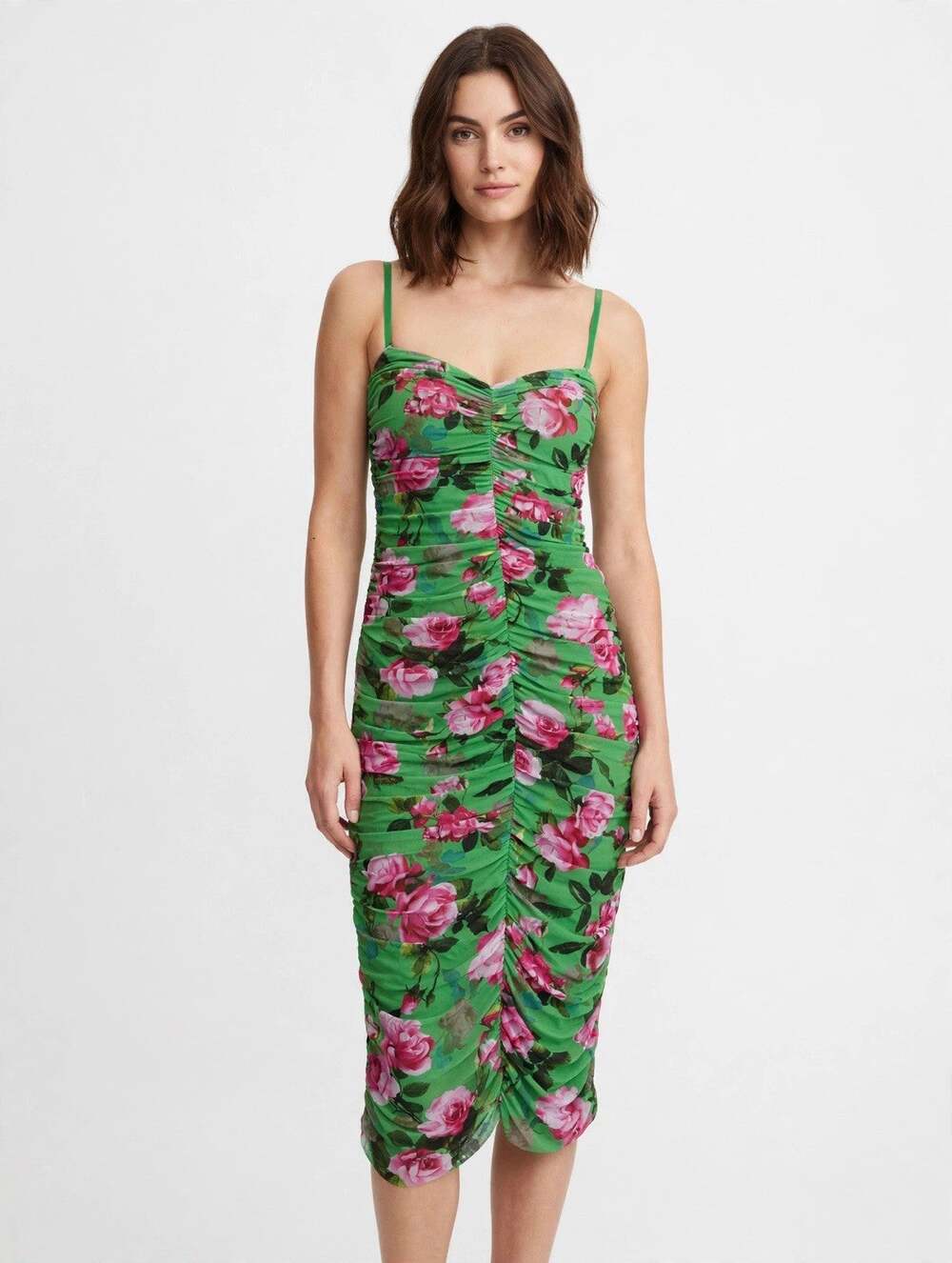 L'AGENCE GREEN PINK FLORAL RUCHED MIDI DRESS WOMENS 14 SANTA FE ROSE